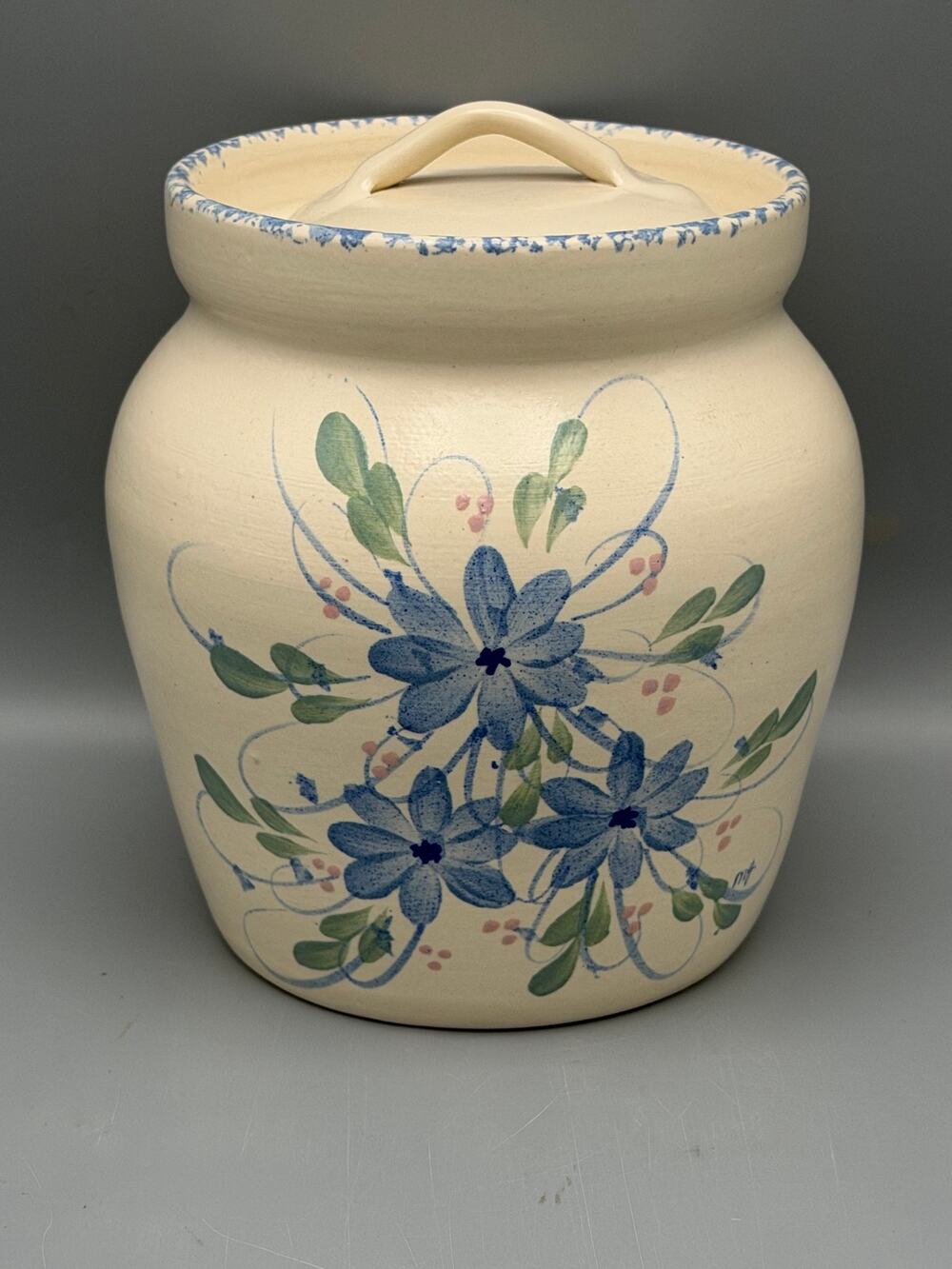 Marshall Pottery Texas Blue Floral Stoneware Lidded Crock Canister 8"